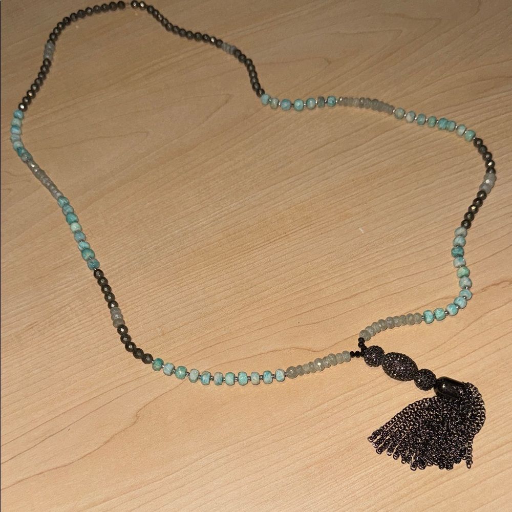 VINTAGE Turquoise Beaded Necklace Long Tassle Hand Beaded NEW
